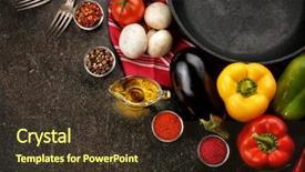  Presentation with frying - Theme featuring iron frying pan with products on grey background background and a tawny brown colored foreground