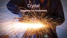  Presentation with industry - PPT theme featuring iron sharpen iron - cutting metal causing sparks isolated background and a wine colored foreground