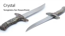  Presentation with silver - Colorful theme enhanced with iron sharpen iron - silver dagger isolated on white backdrop and a  colored foreground