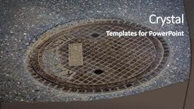  Presentation with asphalt pavement - PPT theme enhanced with iron waste - abstract manhole cover on asphalt background and a gray colored foreground