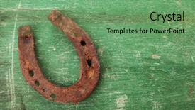  Presentation with shoe - Colorful PPT theme enhanced with ironhorse - old horse shoe on wooden backdrop and a seafoam green colored foreground