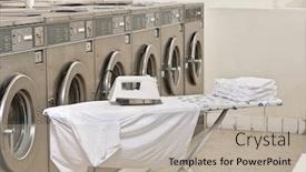  Presentation with laundromat - PPT theme featuring ironing board with washing machines in laundromat background and a light gray colored foreground