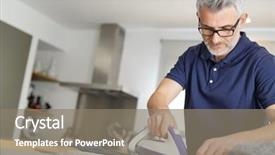  Presentation with cartoon shower and clean - Slide deck with ironing clean laundry at home background and a gray colored foreground