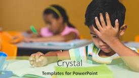  Presentation with head - Colorful slide deck enhanced with irritated-boy-with-head backdrop and a yellow colored foreground