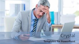  Presentation with work - Presentation theme consisting of irritated-businessman-trying-to-work background and a teal colored foreground