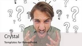  Presentation with question marks - Beautiful presentation design featuring irritated man gesturing and yelling with question marks on the background backdrop and a soft green colored foreground