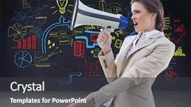  Presentation with transfer - Presentation theme with irritated stylish brown haired businesswoman screaming in a megaphone against file transfer background background and a dark gray colored foreground