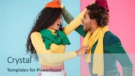  Presentation with angry - Colorful theme enhanced with irritated young couple in hat backdrop and a  colored foreground