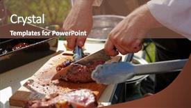  Presentation with cooking chef - Beautiful PPT theme featuring is cutting meat at outdoor backdrop and a violet colored foreground