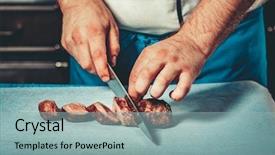  Presentation with hotel kitchen - PPT layouts consisting of is cutting meat or steak background and a light blue colored foreground