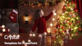  Presentation with girl christmas - Presentation consisting of is decorating the christmas tree background and a tawny brown colored foreground