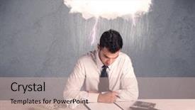  Presentation with bad - PPT layouts consisting of elegant office worker is having a bad day while working illustrated by a white cloud above his head with heavy rain and thunder concept background and a lemonade colored foreground