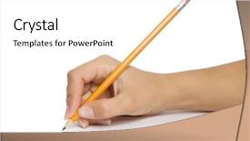  Presentation with hand holding pencil - Slide deck consisting of is isolated on a white background and a  colored foreground