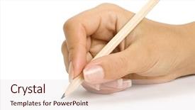  Presentation with hand holding pencil - Slide deck with is isolated on a white background and a lemonade colored foreground