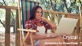  Presentation with low angle view of fictitious - Audience pleasing presentation theme consisting of is looking at the screen backdrop and a  colored foreground