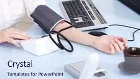  Presentation with blood pressure - Presentation featuring is measuring her blood pressure background and a sky blue colored foreground