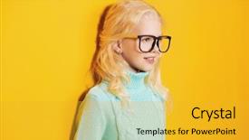  Presentation with kids fashion - Colorful PPT theme enhanced with is posing over the yellow backdrop and a gold colored foreground
