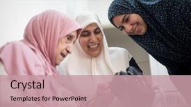  Presentation with generations - Slide deck with islam - muslim female three generations family background and a coral colored foreground