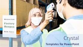  Presentation with covid coronavirus - Colorful presentation enhanced with islam-asian-warehouse-worker-take backdrop and a light blue colored foreground