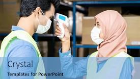  Presentation with covid coronavirus - PPT theme having islam-asian-warehouse-worker-taking background and a light blue colored foreground