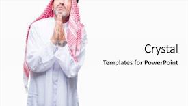  Presentation with praying hands - Beautiful presentation design featuring islam christianity - senior arab man wearing keffiyeh backdrop and a  colored foreground