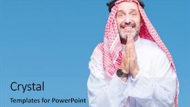  Presentation with praying hands - Presentation enhanced with islam christianity - senior arab man wearing keffiyeh background and a  colored foreground