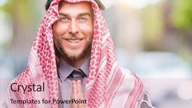  Presentation with long hair man - Theme with islam christianity - young handsome arabian man background and a coral colored foreground