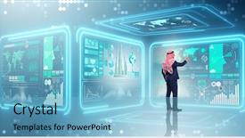  Presentation with stock trading - Beautiful theme featuring islam economy - arab businessman in stock trading backdrop and a light blue colored foreground
