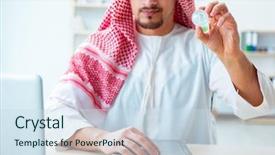  Presentation with islam - Audience pleasing slide deck consisting of islam economy - arab man with bitcoin backdrop and a sky blue colored foreground