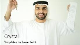  Presentation with arabic - Presentation with three pillow white bench and cement pots with duck dolls under the tree in the garden background and a light gray colored foreground.