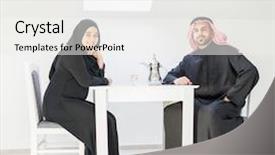  Presentation with wedding muslim couple - Theme featuring islam marriage - muslim arabic couple at home background and a sky blue colored foreground