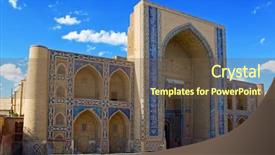  Presentation with building uzbekistan - Colorful theme enhanced with islam pattern - ulugh-beg madrasah 1417 famous historic backdrop and a tawny brown colored foreground