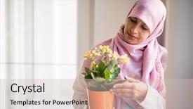  Presentation with woman muslim - Colorful PPT layouts enhanced with islam plants - muslim traditional woman backdrop and a soft green colored foreground