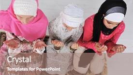  Presentation with islamic culture - PPT layouts featuring islamic culture - muslim girls praying at mosque background and a coral colored foreground