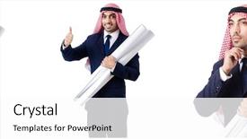  Presentation with engineering desk of civil engineer - Slide set consisting of islamic engineering - arab engineer with drawings background and a white colored foreground