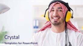  Presentation with cooperative cooperation at new project - Slide deck consisting of islamic engineering - arab engineer working on new background and a  colored foreground