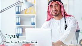  Presentation with cooperative cooperation at new project - Beautiful PPT theme featuring islamic engineering - arab engineer working on new backdrop and a  colored foreground