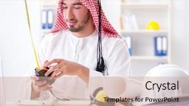  Presentation with cooperative cooperation at new project - Slides with islamic engineering - arab engineer working on new background and a  colored foreground