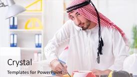  Presentation with project - Amazing slide set having islamic engineering - arab engineer working on new backdrop and a  colored foreground