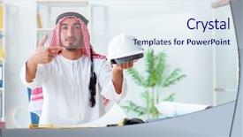  Presentation with cooperative cooperation at new project - Theme having islamic engineering - arab engineer working on new background and a  colored foreground