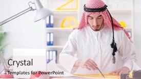  Presentation with cooperative cooperation at new project - Slide deck featuring islamic engineering - arab engineer working on new background and a  colored foreground