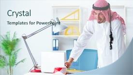  Presentation with mechanical engineering engineer tools - PPT layouts enhanced with islamic engineering - arab engineer working on new background and a sky blue colored foreground