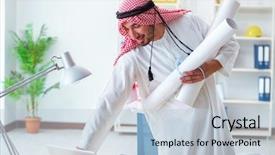  Presentation with cooperative cooperation at new project - PPT theme consisting of islamic engineering - arab engineer working on new background and a  colored foreground