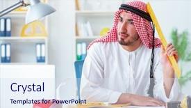  Presentation with project - Colorful slide deck enhanced with islamic engineering - arab engineer working on new backdrop and a  colored foreground