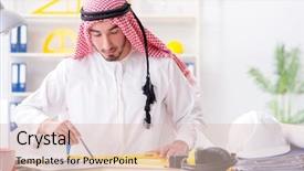  Presentation with cooperative cooperation at new project - Audience pleasing slide deck consisting of islamic engineering - arab engineer working on new backdrop and a  colored foreground