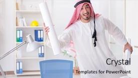  Presentation with project - Cool new PPT layouts with islamic engineering - arab engineer working on new backdrop and a  colored foreground