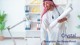  Presentation with project - Presentation design consisting of islamic engineering - arab engineer working on new background and a  colored foreground