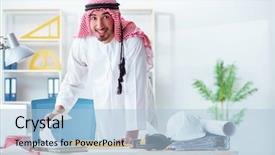  Presentation with project - Slide set with islamic engineering - arab engineer working on new background and a  colored foreground