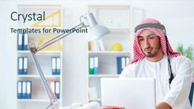  Presentation with cooperative cooperation at new project - PPT theme having islamic engineering - arab engineer working on new background and a  colored foreground