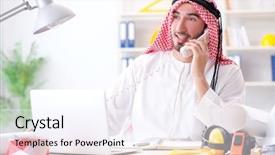  Presentation with cooperative cooperation at new project - Slide deck featuring islamic engineering - arab engineer working on new background and a  colored foreground